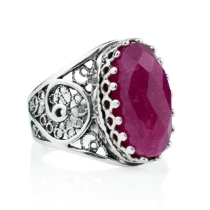 Filigree Art Ruby Corundum Gemstone Women Oval Silver Cocktail Ring