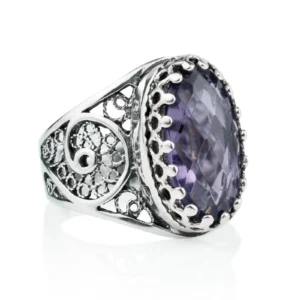 Filigree Art Amethyst Gemstone Women Oval Silver Cocktail Ring