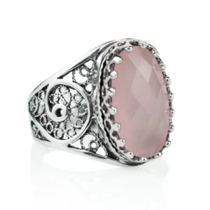 Filigree Art Pink Chalcedony Gemstone Women Oval Silver Cocktail Ring