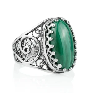 Filigree Art Malachite Gemstone Women Oval Silver Cocktail Ring