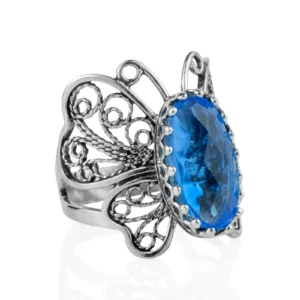 Filigree Art Blue Quartz Gemstone Butterfly Design Women Silver Cocktail Ring