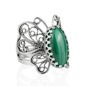 Filigree Art Malachite Gemstone Butterfly Design Women Silver Cocktail Ring - Exquisite Craftsmanship and Timeless Elegance