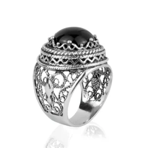 Filigree Art Black Onyx Gemstone Women's Silver Bold Ring - Handcrafted 925 Sterling Silver