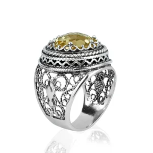 Exquisite Filigree Art Citrine Gemstone Women's Silver Bold Ring