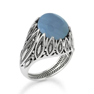 Filigree Art Blue Lace Agate Gemstone Women Silver Statement Ring - Shop Now