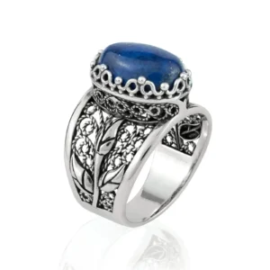 Filigree Art Lapis Lazuli Gemstone Tulip Detailed Silver Women Statement Ring