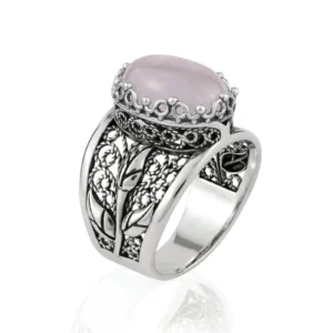 Filigree Art Rose Quartz Gemstone Tulip Detailed Silver Women Statement Ring
