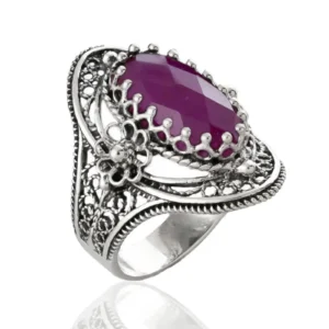 Ruby Corundum Gemstone Sterling Silver Women Statement Ring with Daisy Figures