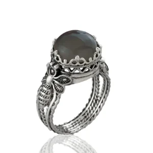 Bee Detailed Gray Moonstone Gemstone Filigree Art Women Silver Cocktail Ring