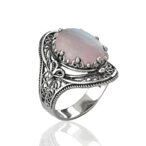 Rose Quartz Gemstone Filigree Art Woman Silver Statement Ring