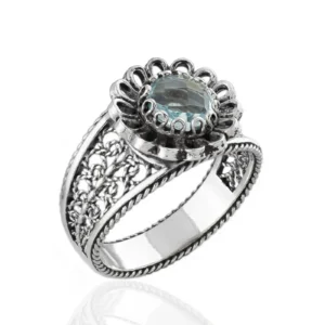 Daisy Figured Blue Topaz Gemstone Filigree Art Women Silver Cocktail Ring