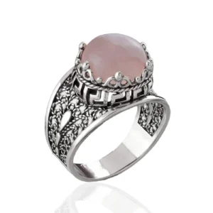 Meander Pattern Filigree Art Rose Quartz Gemstone Women Silver Cocktail Ring - Elegant Jewelry