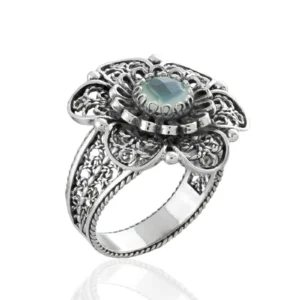 Filigree Art Aqua Chalcedony Gemstone Women Silver Statement Ring