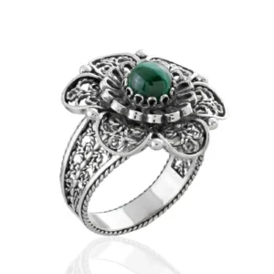 Filigree Art Malachite Gemstone Women Silver Statement Ring