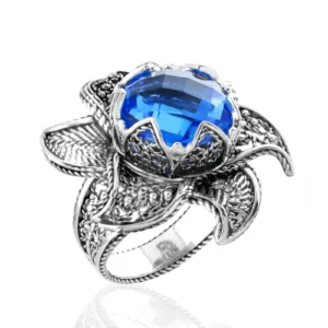 Lotus Flower Blue Quartz Gemstone Women Silver Statement Ring - Filigranist 925 Sterling Silver