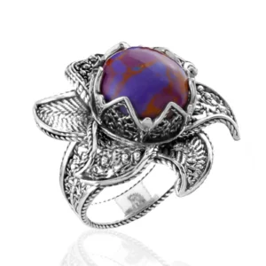 Lotus Flower Mojave Turquoise Gemstone Women Silver Statement Ring - Filigranist