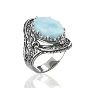 Larimar Gemstone Filigree Art Woman Silver Statement Ring - Handmade Sterling Silver Ring
