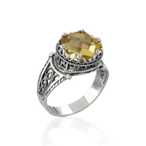 Greek Key Pattern Filigree Art Citrine Gemstone Women Silver Cocktail Ring