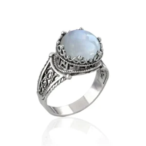 Greek Key Pattern Filigree Art Moonstone Gemstone Women Silver Cocktail Ring