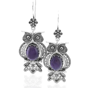 Exquisite Filigree Owl Amethyst Gemstone Sterling Silver Dangle Earrings for Women