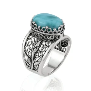 Filigree Art Larimar Gemstone Tulip Detailed Silver Women Statement Ring