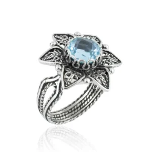 Filigree Art Blue Topaz Gemstone Daisy Flower Women Silver Cocktail Ring