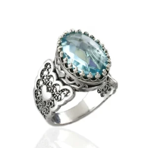 Blue Topaz Gemstone Double Heart Filigree Art 925 Sterling Silver Women Statement Ring