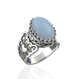 Blue Lace Agate Gemstone Double Heart Detailed Filigree Art 925 Sterling Silver Women Statement Ring