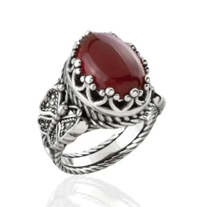 Carnelian Gemstone Filigree Art Double Butterfly Detailed Women Silver Statement Ring