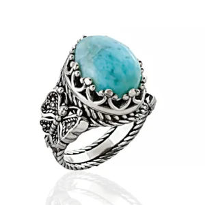 Larimar Gemstone Filigree Art Double Butterfly Detailed Women Silver Statement Ring
