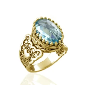 Double Heart Detailed Blue Topaz Gemstone Filigree Art Gold Plated Sterling Silver Women Statement Ring