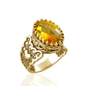 Double Heart Detailed Citrine Gemstone Filigree Art Gold Plated Sterling Silver Women Statement Ring