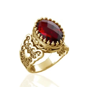 Double Heart Detailed Ruby Gemstone Filigree Art Gold Plated Sterling Silver Women Statement Ring