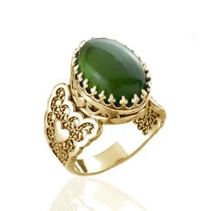 Double Heart Detailed Serpentine Gemstone Filigree Art Gold Plated Sterling Silver Women Statement Ring