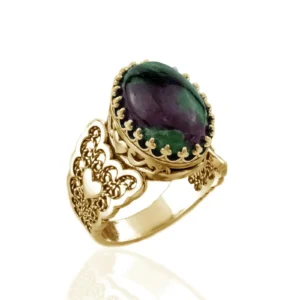 Double Heart Detailed Ruby Zoisite Gemstone Filigree Art Gold Plated Sterling Silver Women Statement Ring