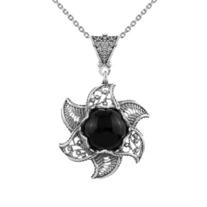 Sterling Silver Filigree Black Onyx Gemstone Blossoming Lotus Flower Pendant Necklace
