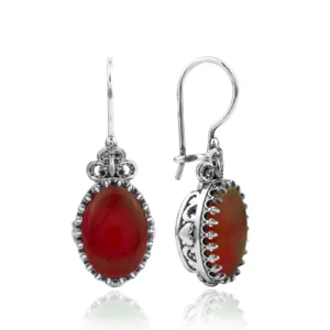 Filigree Art Carnelian Gemstone Heart Detailed Women Silver Oval Drop Earrings