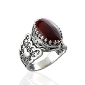 Carnelian Gemstone Double Heart Detailed Filigree Art 925 Sterling Silver Women Statement Ring