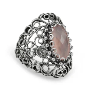 Filigree Art Pink Chalcedony Gemstone Lace Detailed Women Silver Statement Ring