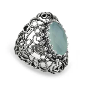 Filigree Art Aqua Chalcedony Gemstone Lace Detailed Women Silver Statement Ring