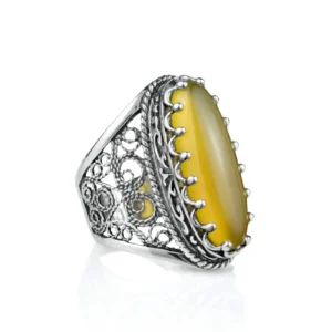 Filigree Art Yellow Agate Gemstone Women Silver Long Statement Ring