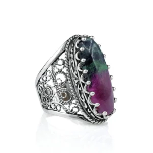 Filigree Art Ruby Zoisite Gemstone Women Silver Long Statement Ring