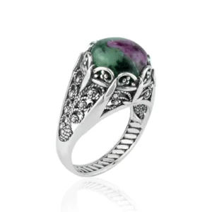 Handmade Filigree Art Ruby Zoisite Gemstone Women Silver Cocktail Statement Ring