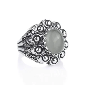 Filigree Art Gray Moonstone Gemstone Women Statement Dome Ring | Antique Design, Sterling Silver Band, Unique Beauty