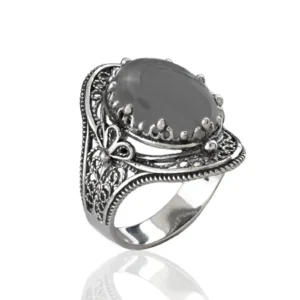Gray Moonstone Gemstone Filigree Art Woman Silver Statement Ring - Handcrafted Sterling Silver Ring with Gray Moonstone Gemstone