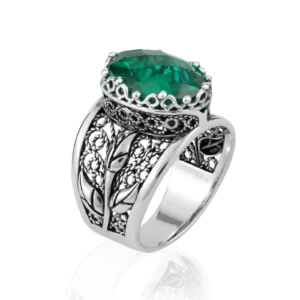 Filigree Art Emerald Gemstone Tulip Detailed Silver Women Statement Ring