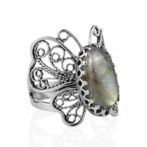 Filigree Art Labradorite Gemstone Butterfly Design Women Silver Cocktail Ring
