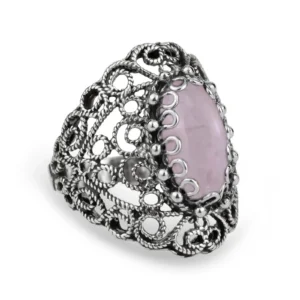 Handmade Filigree Art Rose Quartz Gemstone Lace Detailed Women's Silver Statement Ring