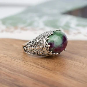 Filigree Art Ruby Zoisite Gemstone Silver Dome Statement Ring - Vibrant Florality & Bohemian Flair