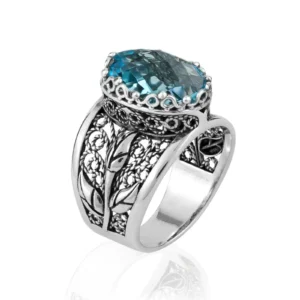 Filigree Art Blue Topaz Gemstone Tulip Detailed Silver Women Statement Ring